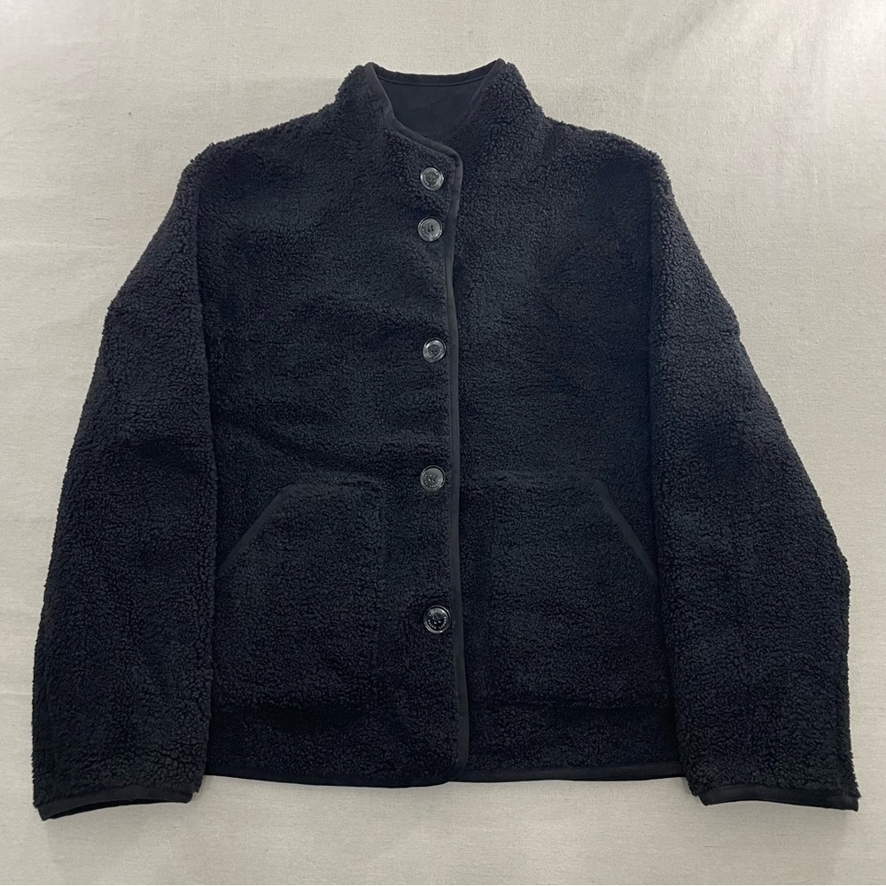 LAUREN Ralph Lauren Black Faux Fur Sherpa Button Front Coat Jacket Black Label